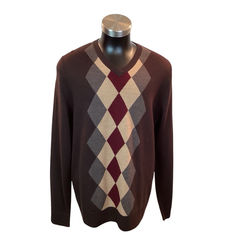 Merona Argyle Merino Wool V-Neck Sweater Brown